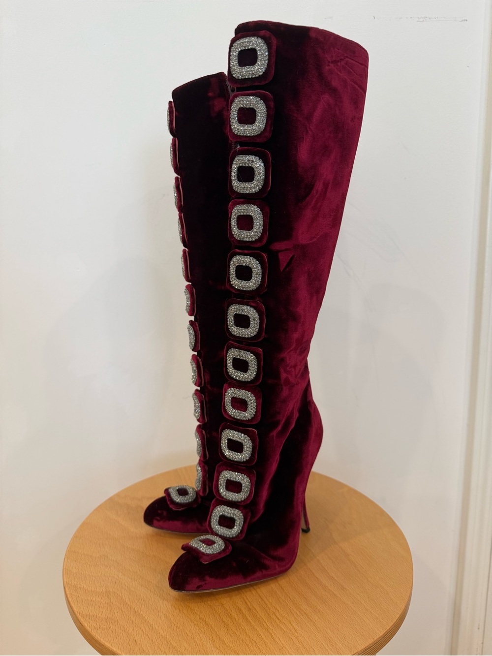Manolo Blahnik Velvet Over-the-Knee Boot in Deep Burgundy with embellishment